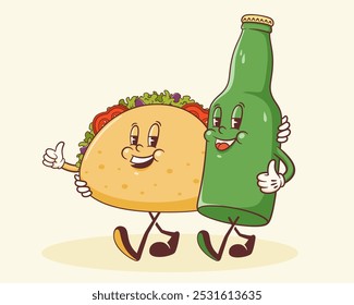 Groovy Taco and Beer Retro Characters Label. Cartoon Tortilla and Beverage Bottle Walking Smiling Vector Street Food Mascot Template. Happy Vintage Cool Mexican Fast Food Illustration Isolated
