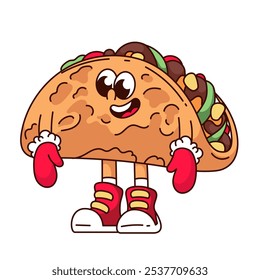 Personaje de dibujos animados de taco groovy en mitones de invierno rojos. Divertida mascota de comida rápida mexicana retro con sonrisa feliz, taco de Navidades de dibujos animados, tortilla y pegatina de relleno de Ilustración vectorial estilo años 70 80