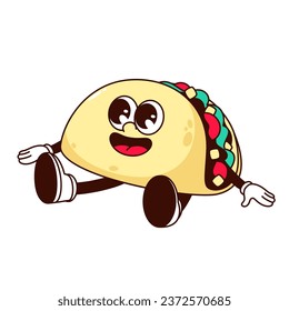 Groovy taco Charakter, Vektorgrafik. Cartoon einzeln auf Retro-psychedelischen Aufkleber mexikanischer Lebensmittel, glückliches Sandwich mit Armen und Beinen, lustiges, süßes Lächeln auf dem Gesicht, bezaubernde Taco-Karikatur