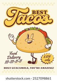 Groovy Taco Retro Character Poster. Cartoon Mexican Snack Spreading Hands in a Welcoming Gesture. Vector Fast Street Food Mascot Poster Template. Happy Vintage Cool Illustration Isolated