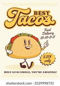 Groovy Taco Retro Character Poster. Cartoon Mexican Snack Spreading Hands in a Welcoming Gesture. Vector Fast Street Food Mascot Poster Template. Happy Vintage Cool Illustration Isolated