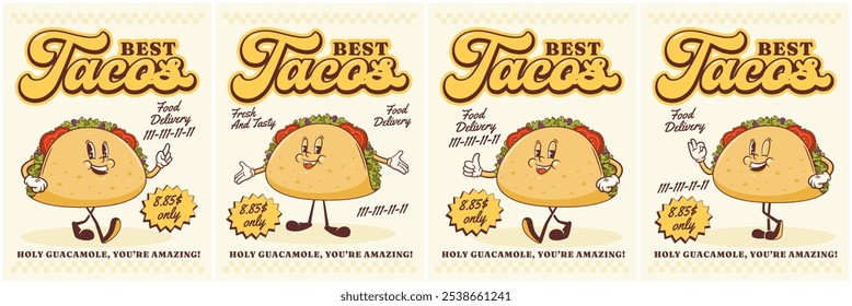 Conjunto de carteles de personajes retro de Taco Groovy. Caricatura de comida mexicana caminando y sonriendo. Colección de Plantillas de mascota de entrega de comida callejera de Vector. Ilustraciones frescas de la comida rápida de Antiguas feliz aisladas