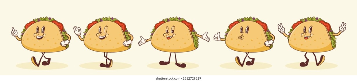 Groovy Taco Retro Characters Set. Cartoon Mexican Food Walking and Smiling. Vector Fast Food Mascot Templates Collection. Happy Vintage Fast Food Cool Illustrations. Isolated