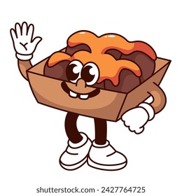 Groovy takoyaki cartoon character with funky smile greeting. Funny retro takoyaki balls with octopus sauce in box, Japanese street food mascot, cartoon sticker of 70s 80s style vector illustration