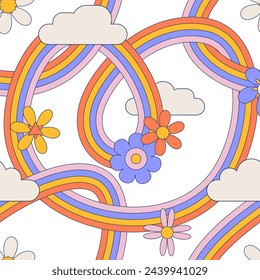 Groovy tangled rainbow with daisy flower, clouds seamless pattern. Hippie sky with daisies background. Bright summer skies surface design for nursery and baby fashion. Thin contour vector illustration