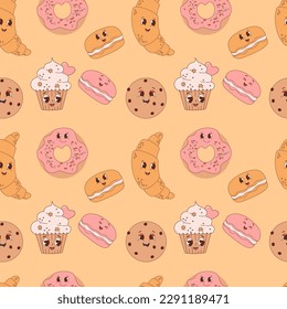 Groovy sabroso patrón retro sin costuras. Pasteles de dibujos animados y postres de fondo amarillo. Ilustración vectorial para papel pintado, diseño, textil, embalaje, decoración, colección infantil