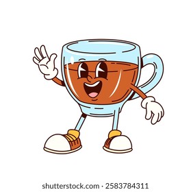 Groovy tea beverage glass cup funny character. Hot chocolate or coffee espresso drink glass cup cartoon personage, black tea beverage isolated vector groovy character or funny mascot waving hand