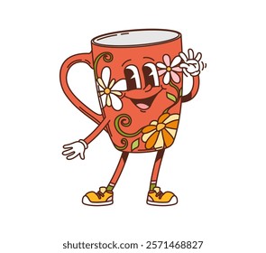 Groovy tea cup retro cartoon character of kitchenware and utensil, vector mug. Funny groovy coffee cup with happy face and smile in flowers ornament for kitchenware or cute utensil cartoon character