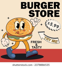 Groovy template design of Fast food menu with burger. Really good for campaign and promotion poster or banner and logo. Vector illustration