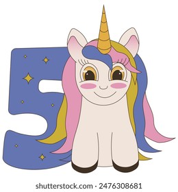 Groovy template of fifth Birthday party invitation with Unicorn. 5 and flat Unicorn isolated white background. Pastel colors vector illustration. Editable stroke. EPS 10
