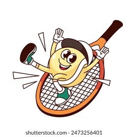 Groovy tennis ball cartoon character with racket. Funny retro cool racquet strike, tennis club and championship mascot, cartoon psychedelic game on court sticker of 70s 80s style vector illustration