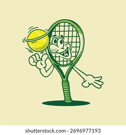 Raquete de tênis Groovy e personagem de bola em desenhos animados retrô. Mascote, vetor, ícone, coleção, adesivo, vintage, ilustração, conjunto, engraçado, logotipo, quadrinhos, editável, esporte