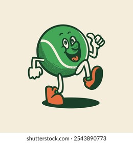 Groovy Tennis sport ball character in retro cartoon. Mascot, vector, icon, colection, sticker, vintage, illustration, set, funny, logo, comic
