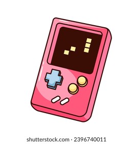 Groovy Tetris vector illustration. Cartoon isolated retro comic sticker of old technology, pink arcade game console of 90s with display and buttons to play Tetris, funny analog device for gamer