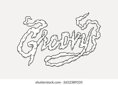 Groovy text design with a cloud-like effect. Groovy style, groovy vibe, groovy text. Black and white illustration with a whimsical, cloud-inspired look. Word and typography vector.