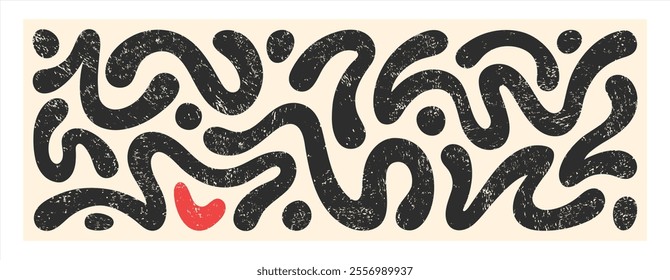 Groovy textured abstract illustration. Linocut grunge texture fluid organic shape blobs, squiggles, wavy doodle stripes. Bold black hand drawn lines, spots. Text background, header, rectangle banner.