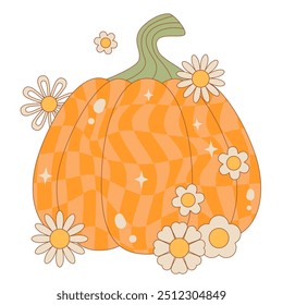 Dia de Ação de Graças Groovy, abóbora de Halloween. Feliz Dia de Ação de Graças bonito retro Elemento. Abóbora de Ação de Graças com vetor de flores Ilustração