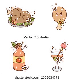 Groovy Thanksgiving Day Happy Thanksgiving Cute Element Thanksgiving Vector Illustration