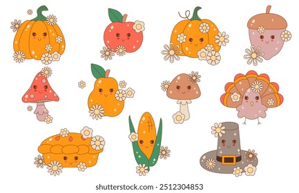 Groovy Thanksgiving Day set, collection. Happy Thanksgiving Cute Element. Thanksgiving Vector Illustration. Cute pumpkin, apple, pear, turkey, mushroom, acorn, corn, hat with flowers