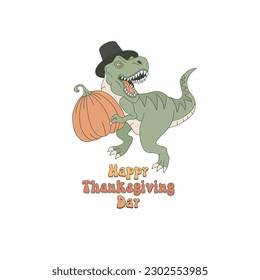 Groovy thanksgiving dinosaur vector illustration. Happy Thanksgiving Day cool dino poster print design.