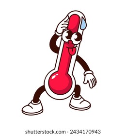 Groovy thermometer cartoon character with drop of sweat from heat. Funny retro red thermometer with tongue sticking out, hot weather mascot, cartoon sticker of 70s 80s style vector illustration