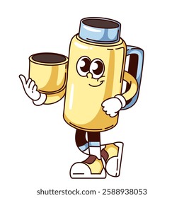 Groovy thermos cartoon character holding lid. Funny retro tumbler thermo cup for coffee with handle standing. Camping mascot, cartoon yellow bottle sticker of 70s 80s style vector illustration
