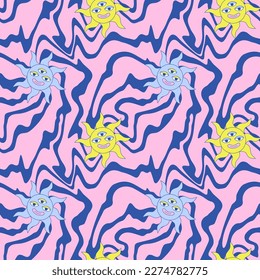 El sol y la luna de tercer ojo y grueso en las líneas de remolque distorsionan el fondo. Psicodelic y2k retro de la magia sin fisuras. Hippie vintage vibe funky envoltura papel decoración de cubierta textil. Ilustración vectorial.