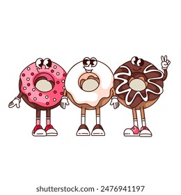 Groovy three friends donuts cartoon characters standing together. Funny retro buddies with smile and peace gesture, sweet food mascot, cartoon donuts sticker of 70s 80s style vector illustration