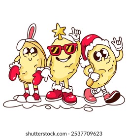 Groovy three potato chips cartoon characters with Christmas hat and mittens. Funny retro trio of fast food crispy friends. Christmas potato snack mascot, cartoon sticker of 70s 80s vector illustration