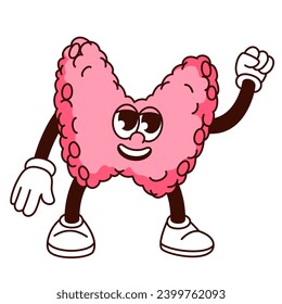 Groovy thyroid cartoon character with fist up. Funny strong healthy human organ with happy face and win pose, retro cartoon thyroid gland mascot, body anatomy sticker of 70s 80s vector illustration