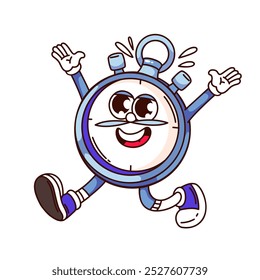 Caráter de desenho animado temporizador Groovy correndo rápido. Cronômetro azul retro engraçado mostrando Stop. Contador de tempo, mascote de teste, contador de desenhos animados temporizador de competição adesivo de estilo 70s 80s ilustração vetorial