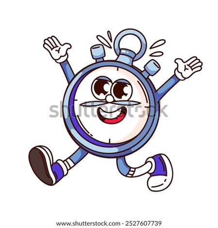 Groovy timer cartoon character running fast. Funny retro blue stopwatch showing Stop. Time counter, quiz mascot, cartoon counter timer of competition sticker of 70s 80s style vector illustration