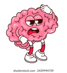 Groovy tired brain cartoon character needs rest and sleep. Funny retro puzzled human organ with stupid face, fatigue and no ideas mascot, cartoon brain sticker of 70s 80s style vector illustration