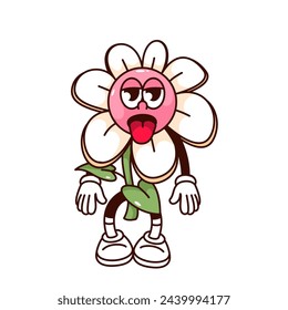 Groovy tired flower cartoon character with tongue sticking out. Funny retro bored spring daisy with sad expression, tiredness mascot, cartoon flower sticker of 70s 80s style vector illustration