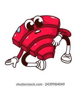 Groovy tired wifi cartoon character with sad expression. Funny retro weak red wireless connection sign, unstable and bad network mascot, cartoon slow wifi sticker of 70s 80s style vector illustration