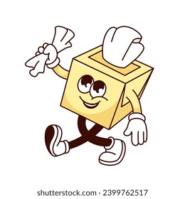 Groovy tissue paper box cartoon character with folded napkins. Funny yellow container of soft toilet towel walking, retro cartoon tissue mascot for sick nose, sticker of 70s 80s vector illustration