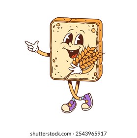 Groovy toast bread cheerful isolated character. Sandwich wheat bread piece cute cartoon personage or bakery product cheerful groovy vector mascot. Toast slice with ear retro comical isolated character
