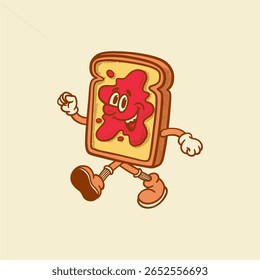 Groovy brinde café da manhã personagem em desenho animado retro. Mascote, vetor, comida, ícone, coleção, adesivo, vintage, ilustração, conjunto, engraçado, logotipo, quadrinhos, vintage, arte em linha, logotipo