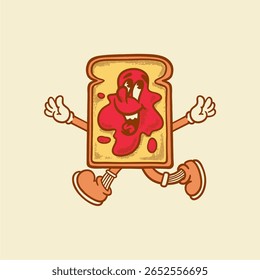 Groovy brinde café da manhã personagem em desenho animado retro. Mascote, vetor, comida, ícone, coleção, adesivo, vintage, ilustração, conjunto, engraçado, logotipo, quadrinhos, vintage, arte em linha, logotipo
