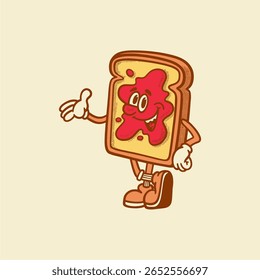 Groovy brinde café da manhã personagem em desenho animado retro. Mascote, vetor, comida, ícone, coleção, adesivo, vintage, ilustração, conjunto, engraçado, logotipo, quadrinhos, vintage, arte em linha, logotipo