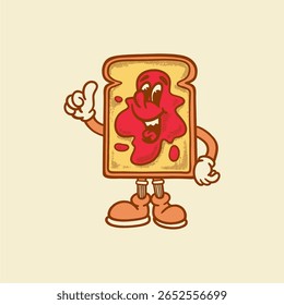 Groovy brinde café da manhã personagem em desenho animado retro. Mascote, vetor, comida, ícone, coleção, adesivo, vintage, ilustração, conjunto, engraçado, logotipo, quadrinhos, vintage, arte em linha, logotipo