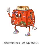 Groovy toaster character with smiling face, peace sign and fried toast slice popping out. Cartoon vector red retro toaster with floral pattern. Nostalgic kitchen appliance personage cooking breakfast