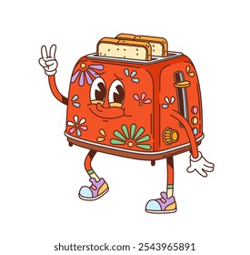 Groovy toaster character with smiling face, peace sign and fried toast slice popping out. Cartoon vector red retro toaster with floral pattern. Nostalgic kitchen appliance personage cooking breakfast