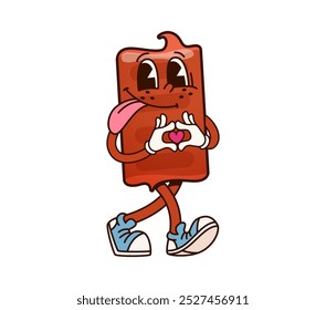 Carácter estupendo del caramelo del caramelo del caramelo. Personaje de pastelería juguetón de Vector de dibujos animados aislado con una expresión feliz, sacando su lengua y formando un corazón con sus manos, transmite diversión, amor y dulzura