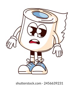 Groovy toilet paper roll cartoon character with sad face. Funny retro tissue spool in sneakers, hygiene in lavatory mascot, cartoon unhappy toilet towel sticker of 70s 80s style vector illustration