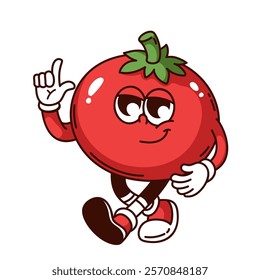 Groovy tomato cartoon character pointing finger up with smile. Funny retro cute red vegetable walking in sneakers. Food mascot, cartoon happy tomato sticker of 70s 80s style vector illustration