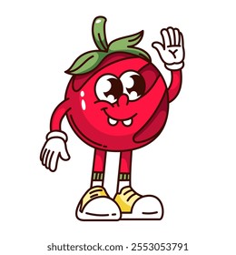 Groovy tomato cartoon character waving hand. Funny retro vegetable with grill strips greeting. Vegetarian BBQ party, welcome mascot, cartoon happy cherry tomato sticker of 70s 80s vector illustration