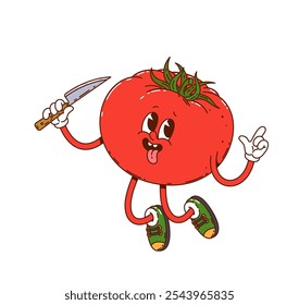 Groovy tomato vegetable funny character with knife. Farming market healthy tomato vegetable comical cartoon vector character, vegetarian food product or ripe veggie isolated foolish groovy personage