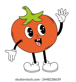 Groovy tomato vegetable. Hand draw Funny Retro vintage trendy style vegetable cartoon character. Doodle Comic vector illustration