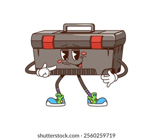 Groovy toolbox cartoon character or DIY and repair tool for building, vector emoji. Groovy box of tools with funny face and silly tongue out smile for carpentry and construction tool cartoon character